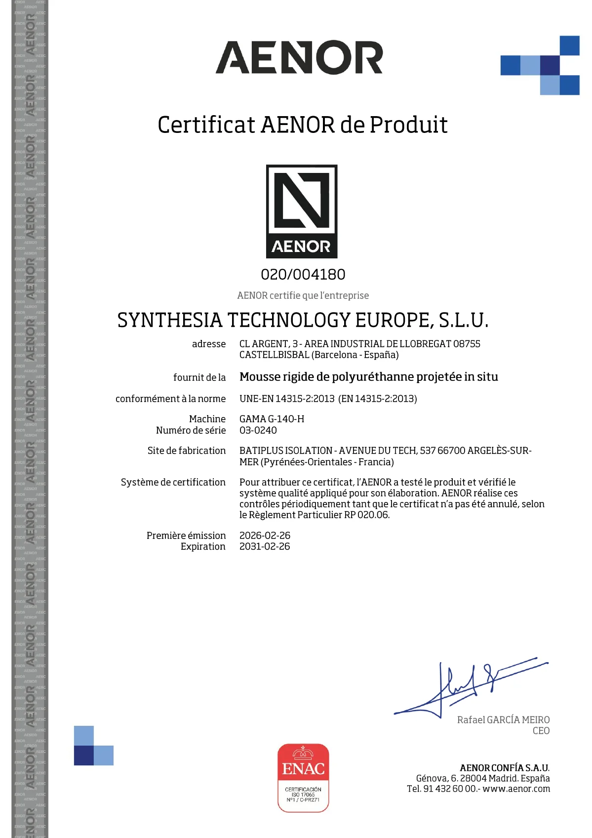 Certificat AENOR n° 020/004180 du procédé POLIURETAN SPRAY S-383 HFO