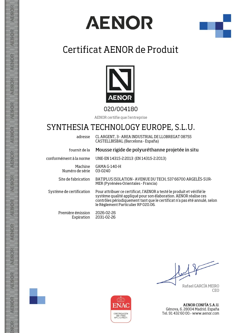 Certificat AENOR n° 020/004180 délivré pour la mousse POLIURETAN SPRAY S-383 HFO