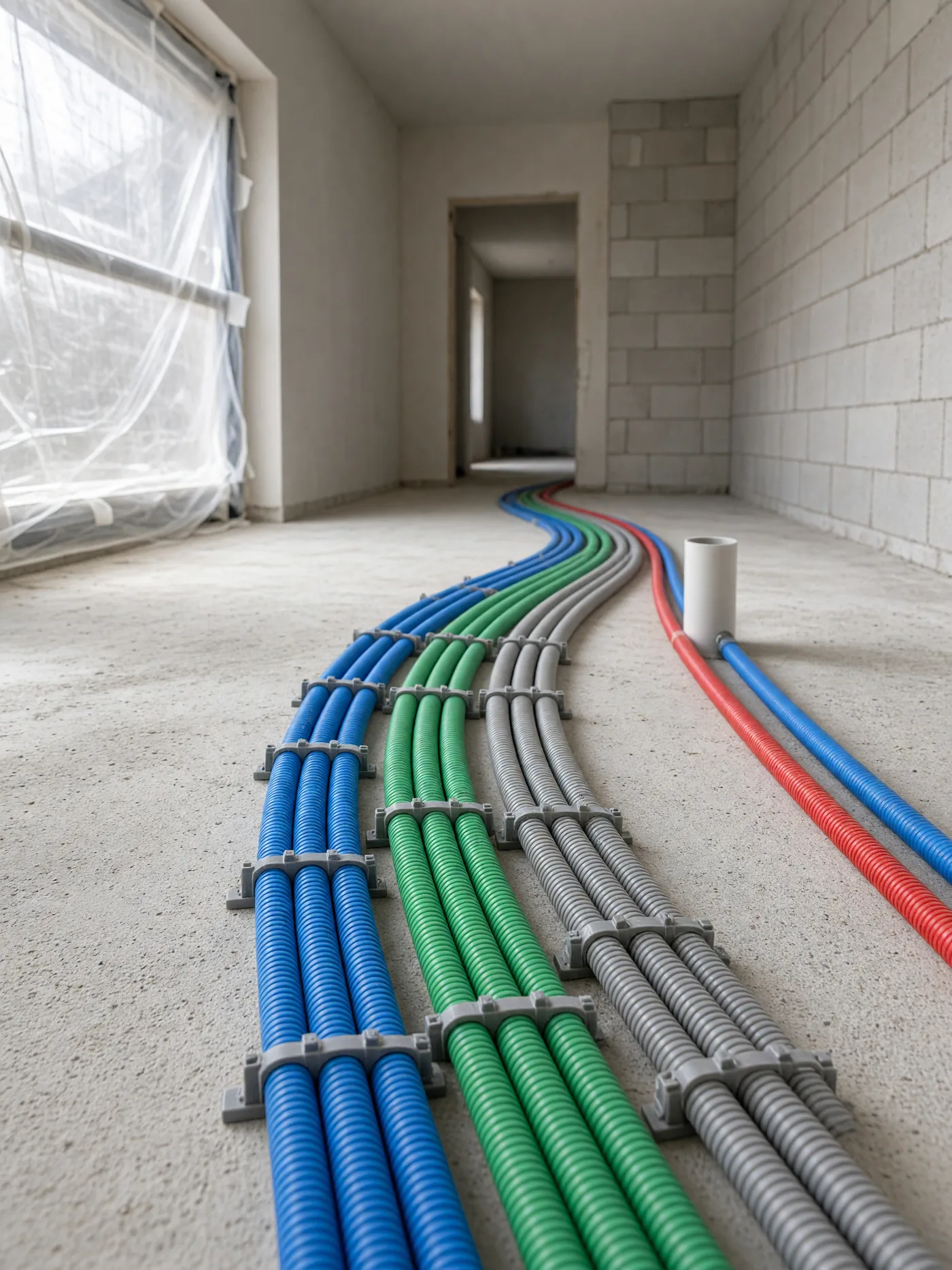 Gaines électriques et tubes posés sur une dalle béton, avant projection