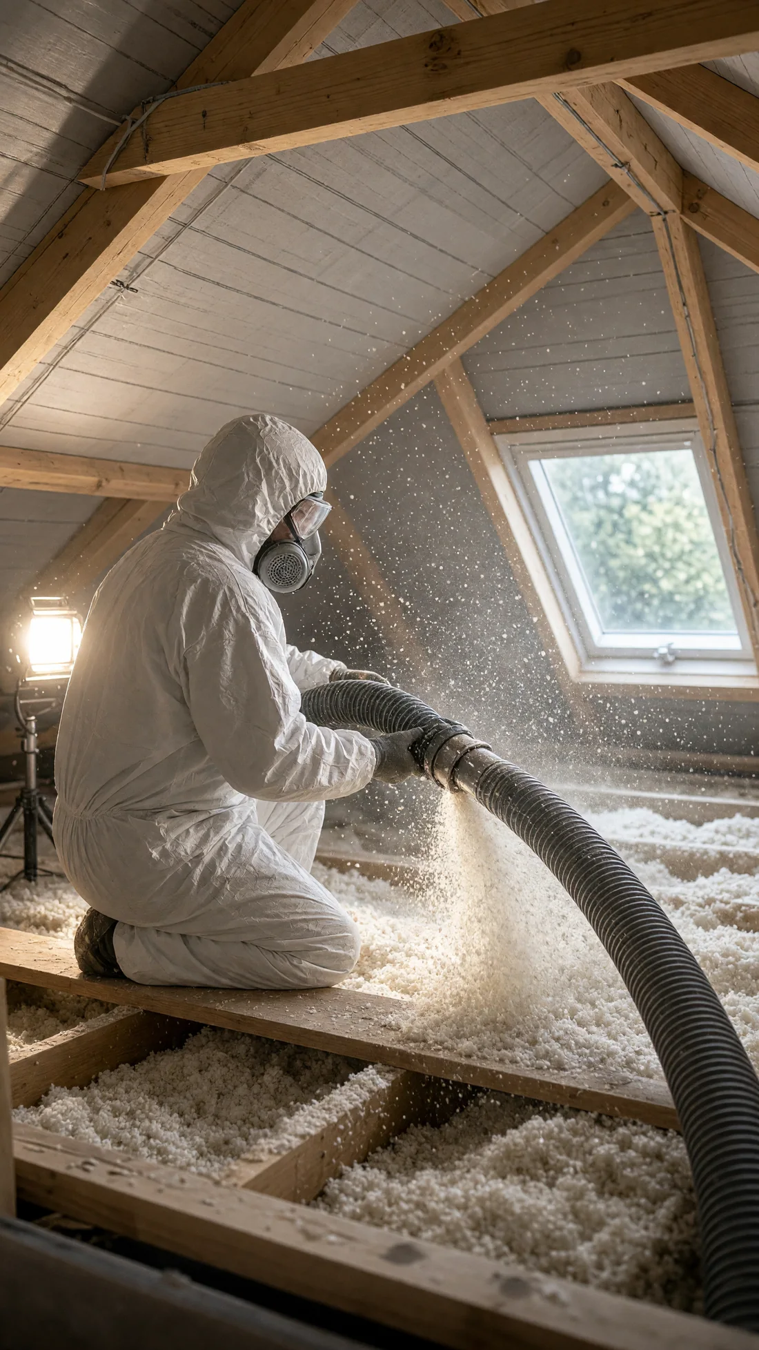 Laine minérale soufflée en flocons entre les solives d'un plancher de combles perdus